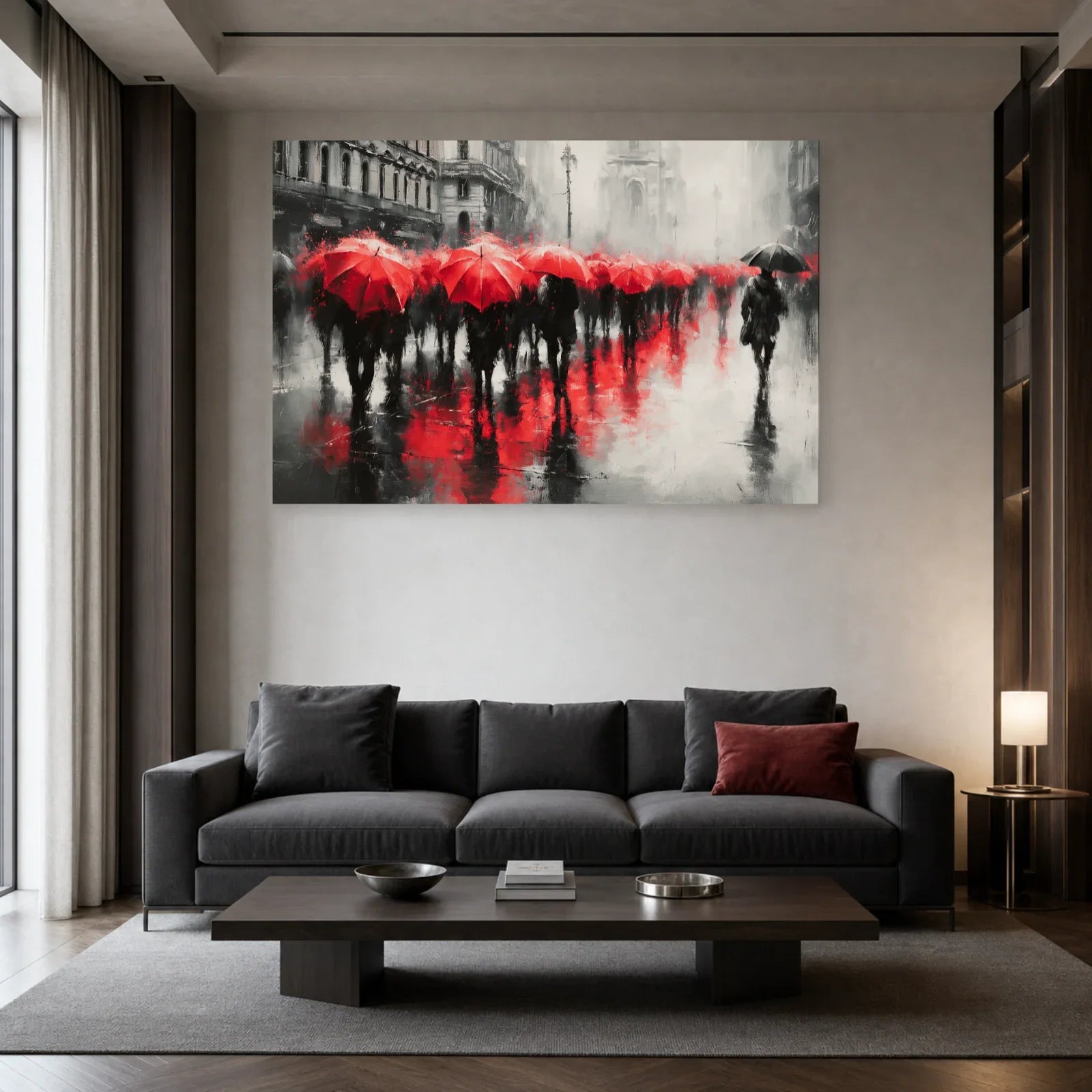 Tableau urbain aux parapluies rouges présenté dans un salon