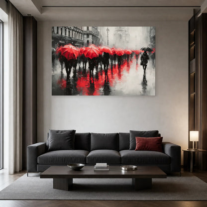 Tableau urbain aux parapluies rouges présenté dans un salon