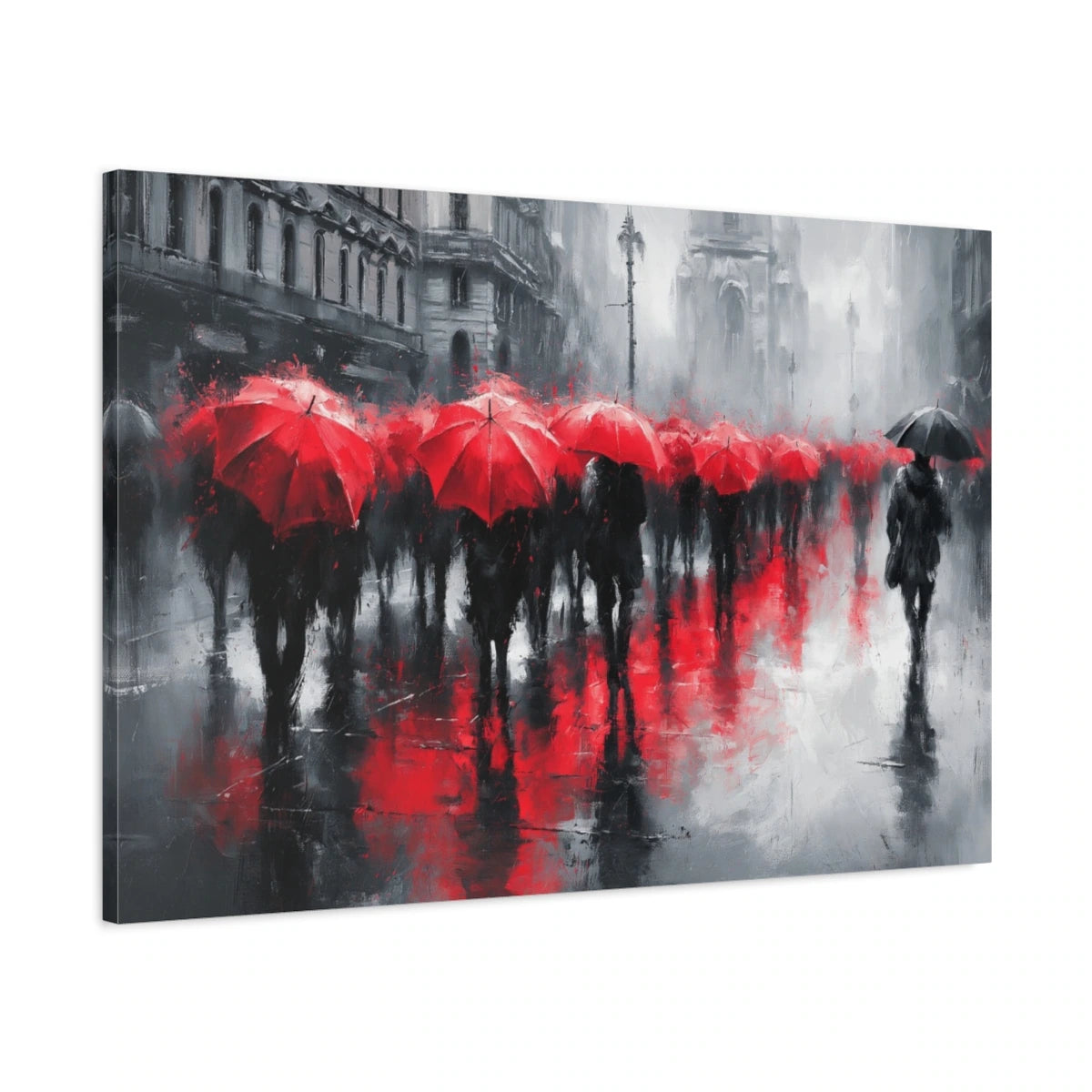 Vue latérale du tableau parapluies rouges sous la pluie sur châssis