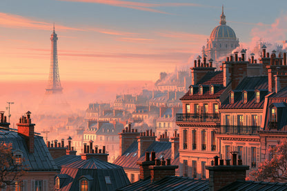 Tableau Paris Rose, une avenue parisienne noyée dans des lavis roses, avec ses immeubles et ses silhouettes, format M - Art Virtuoso