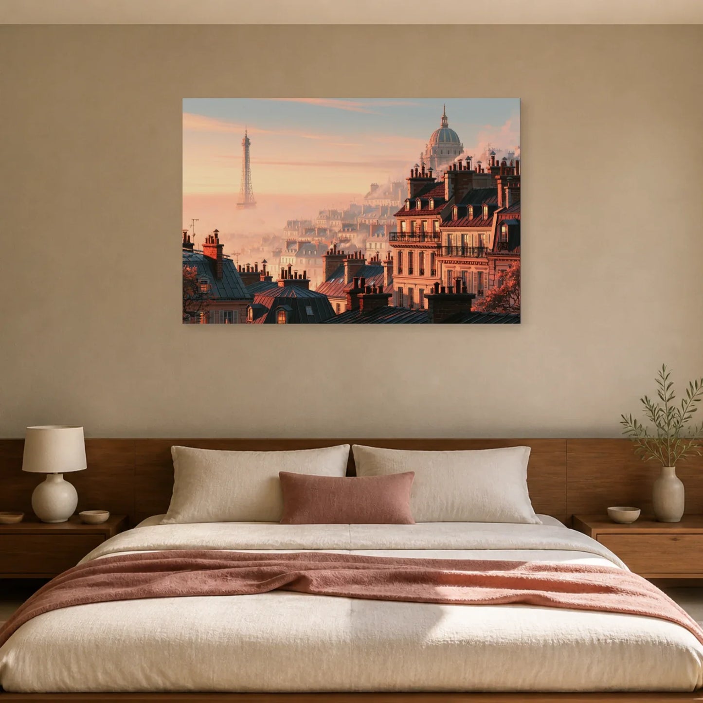 Tableau Paris Rose présenté dans une chambre - Art Virtuoso