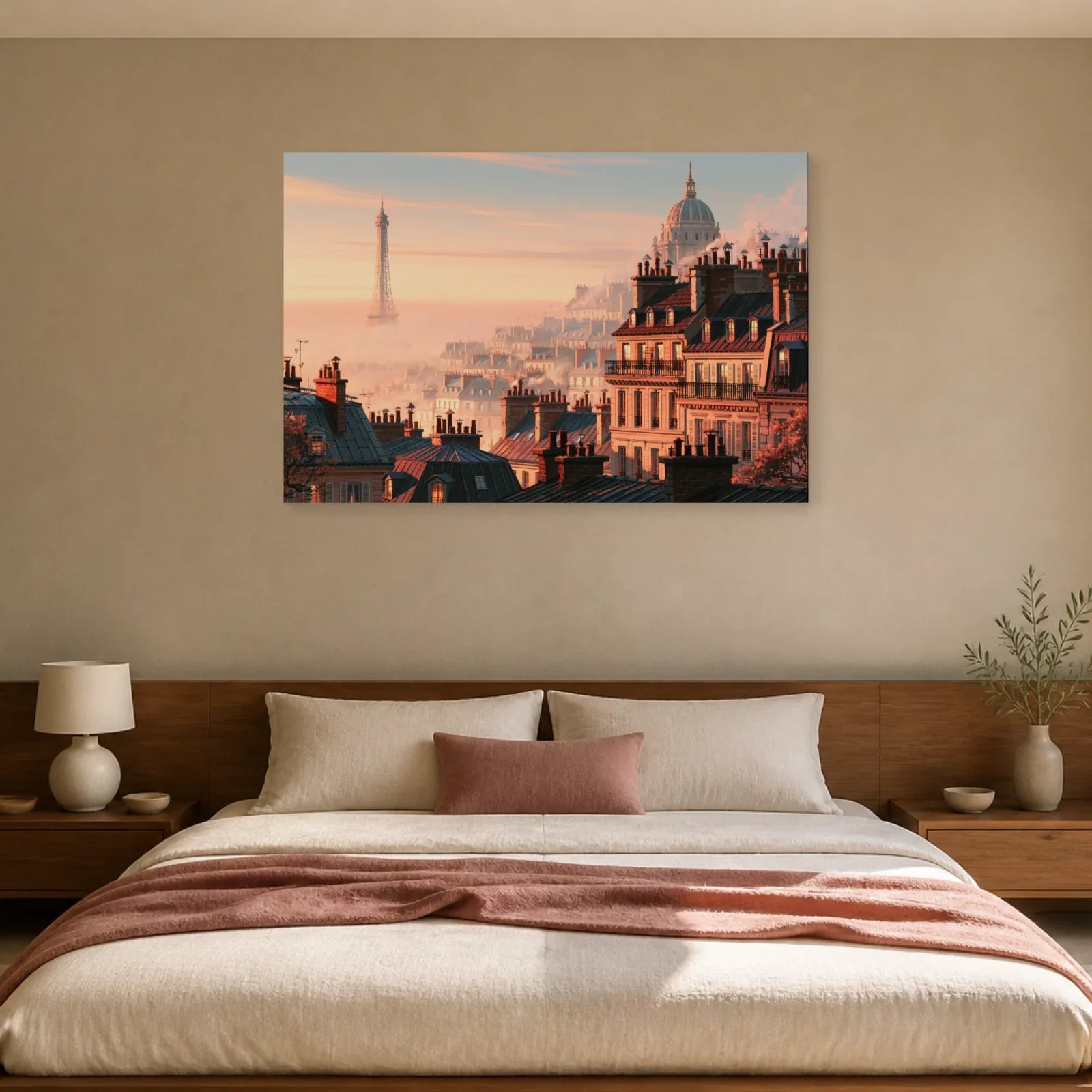 Tableau Paris Rose présenté dans une chambre - Art Virtuoso