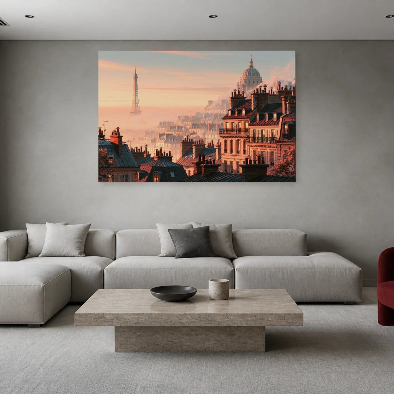 Tableau Paris Rose présenté dans un salon - Art Virtuoso