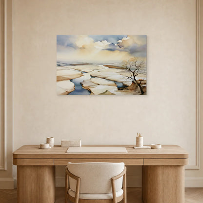 tableau paysage beige de marais salants installé dans un bureau