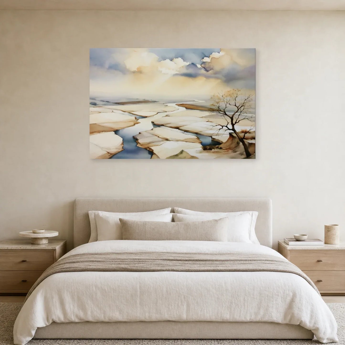 tableau paysage beige de marais salants mis en scène dans une chambre