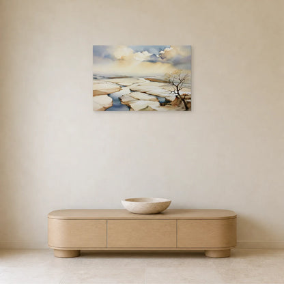 tableau paysage beige de marais salants accroché dans une entrée