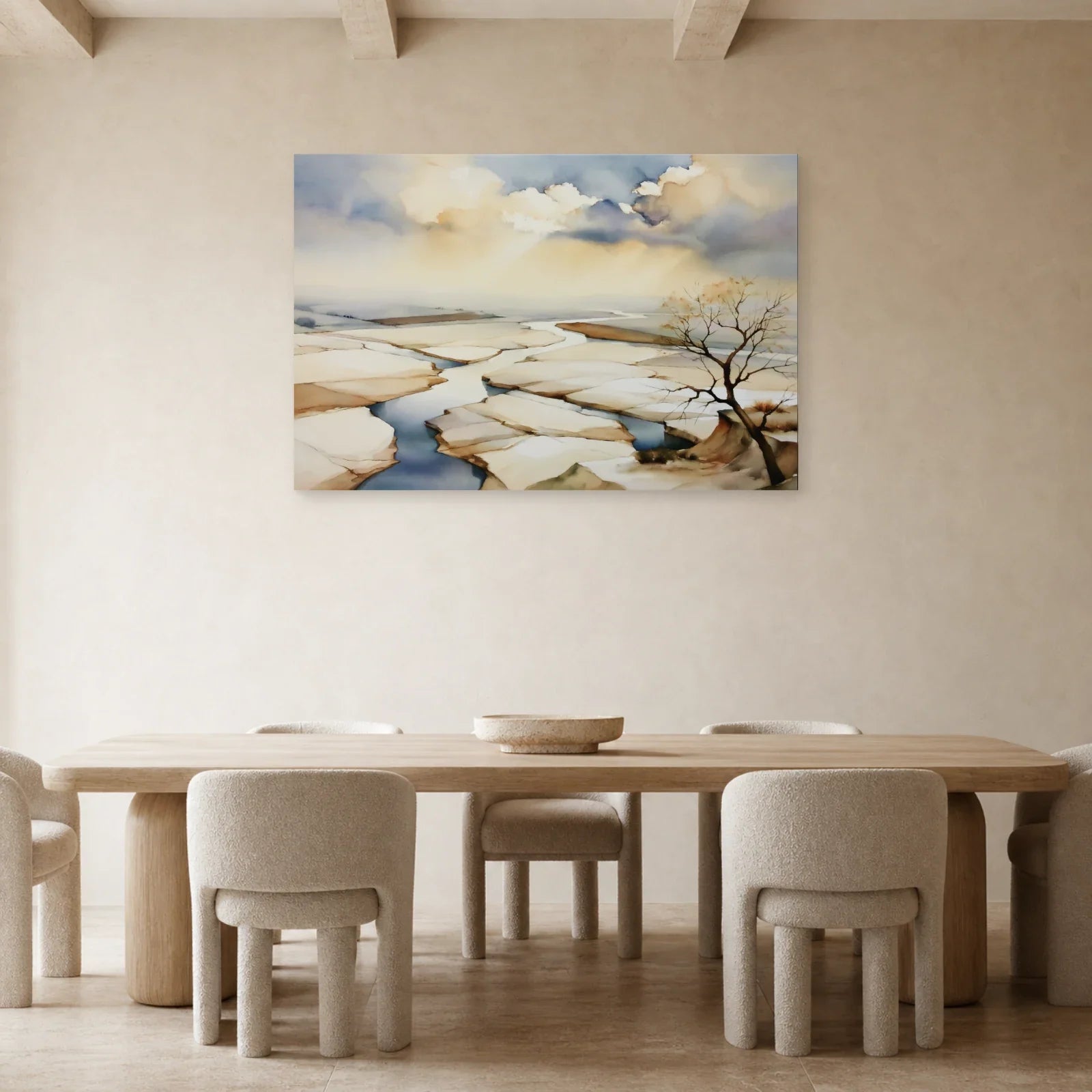 tableau paysage beige de marais salants exposé dans une salle à manger