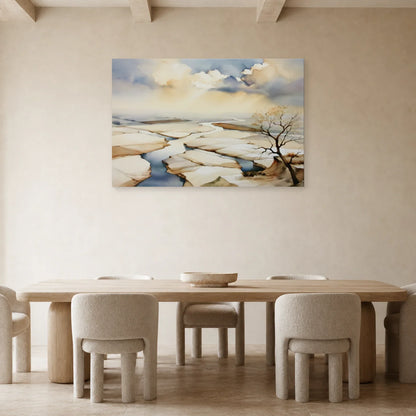 tableau paysage beige de marais salants exposé dans une salle à manger