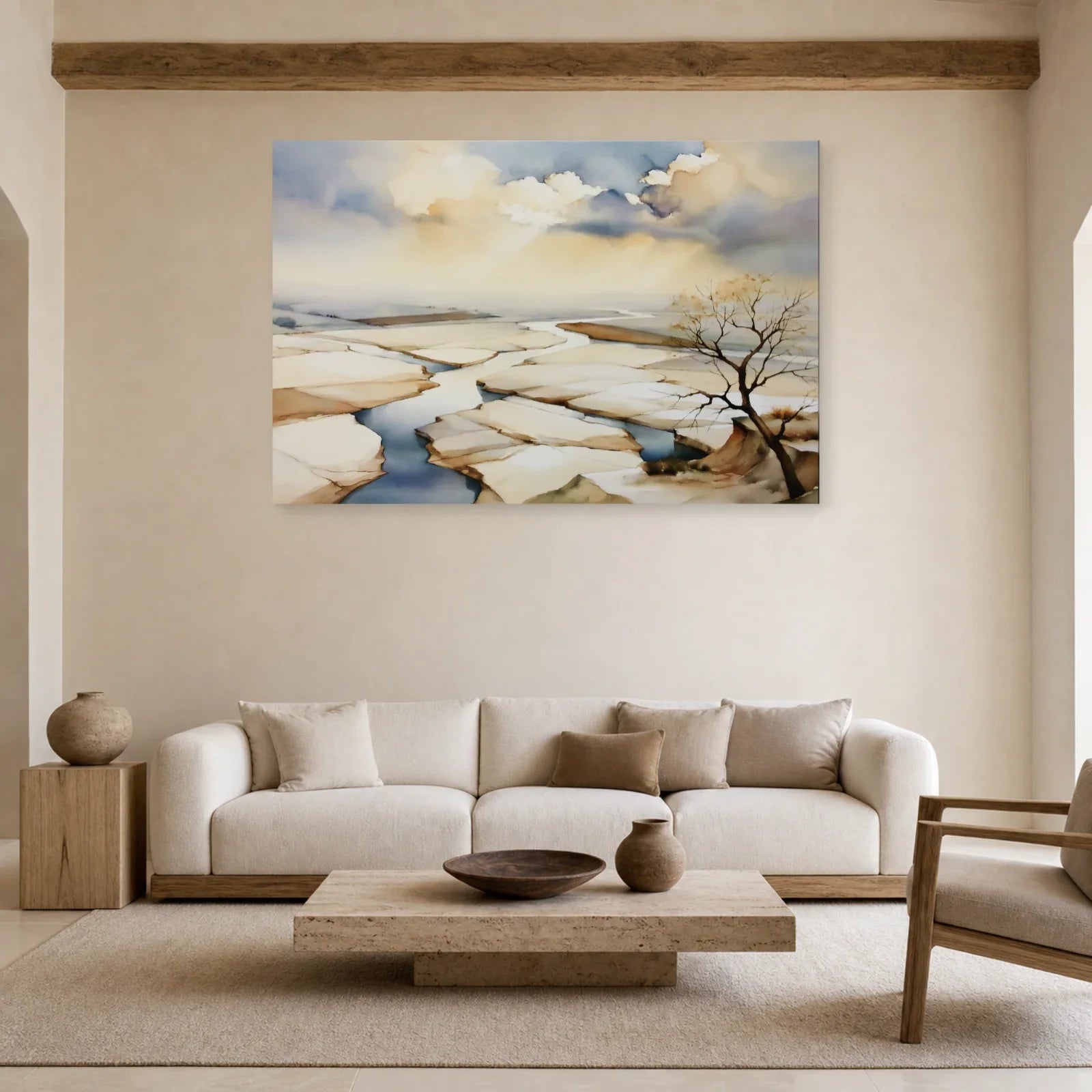 tableau paysage beige de marais salants présenté dans un salon