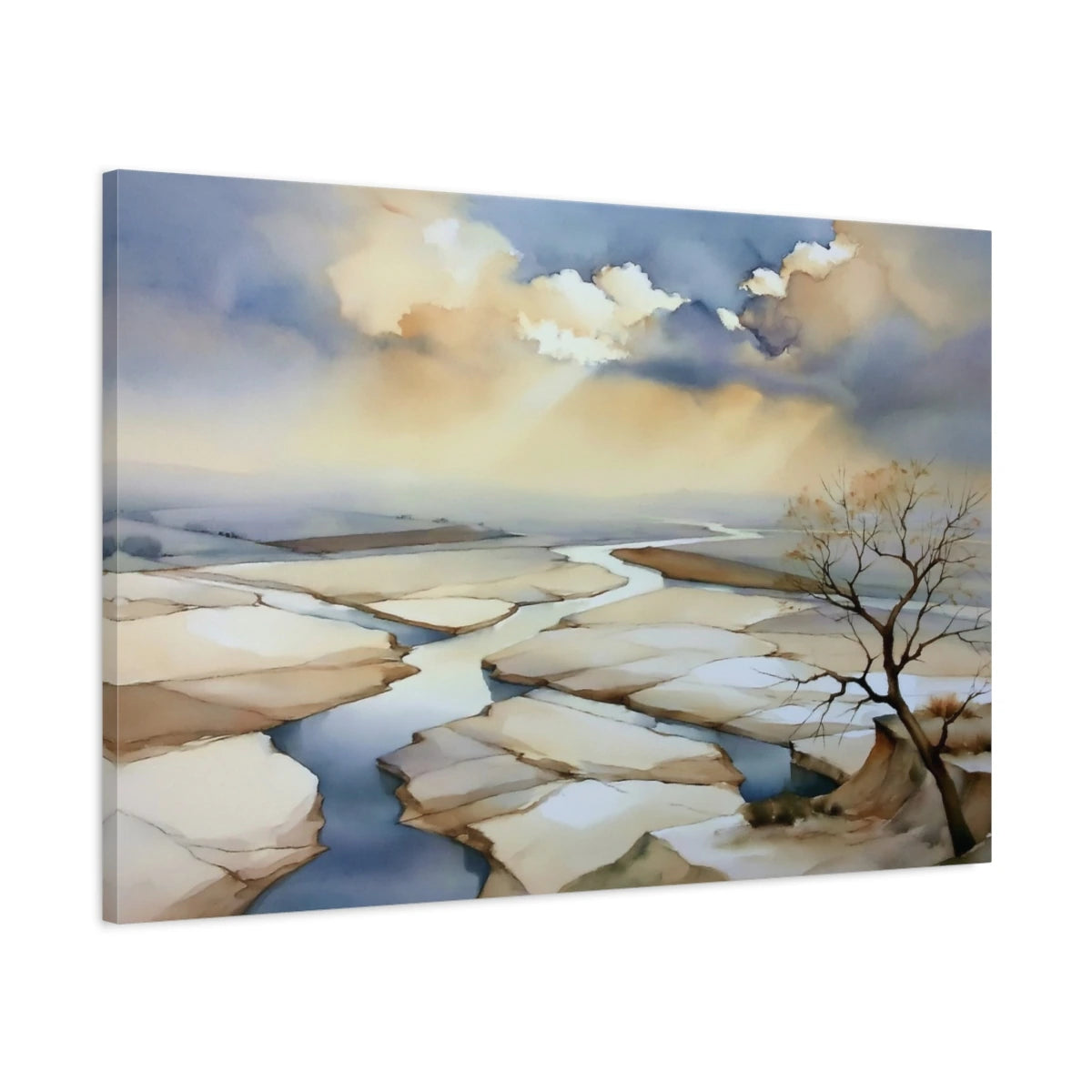 Vue latérale du tableau paysage beige de marais salants sur toile tendue