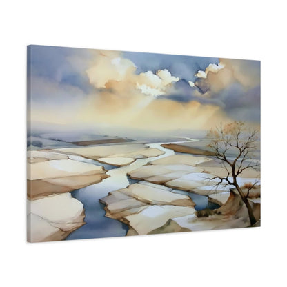 Vue latérale du tableau paysage beige de marais salants sur toile tendue