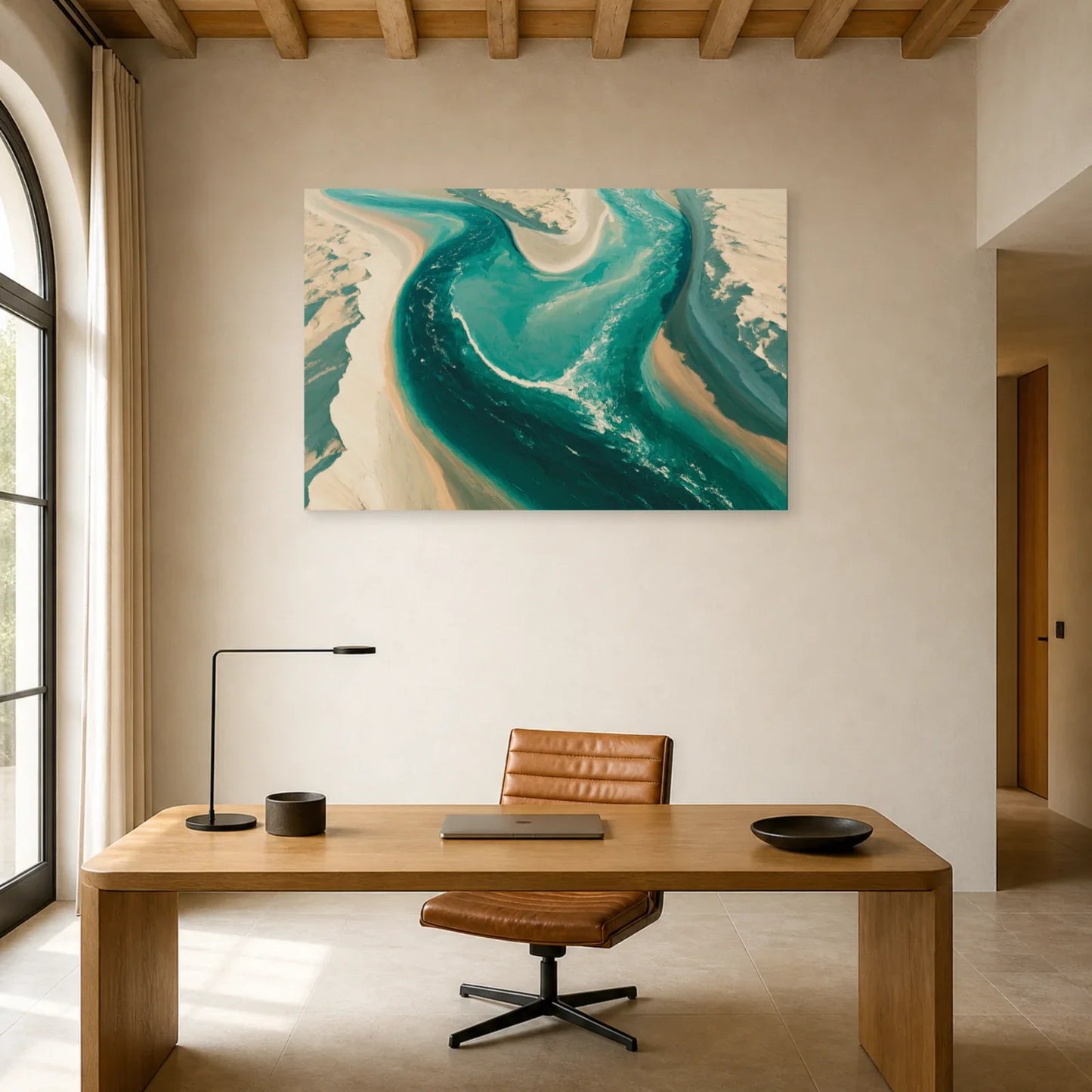Tableau Beige Bleu Canard Paysage Abstrait – Fleuve Aérien installé dans un bureau