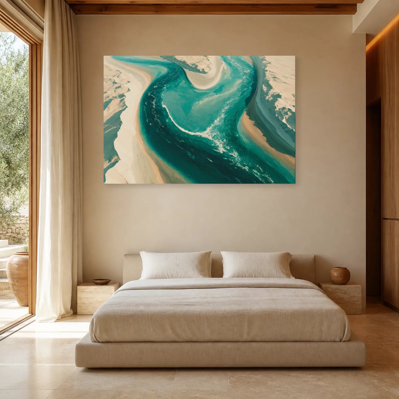 Tableau Beige Bleu Canard Paysage Abstrait – Fleuve Aérien mis en scène dans une chambre