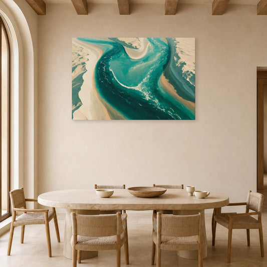 Tableau Beige Bleu Canard Paysage Abstrait – Fleuve Aérien exposé dans une salle à manger