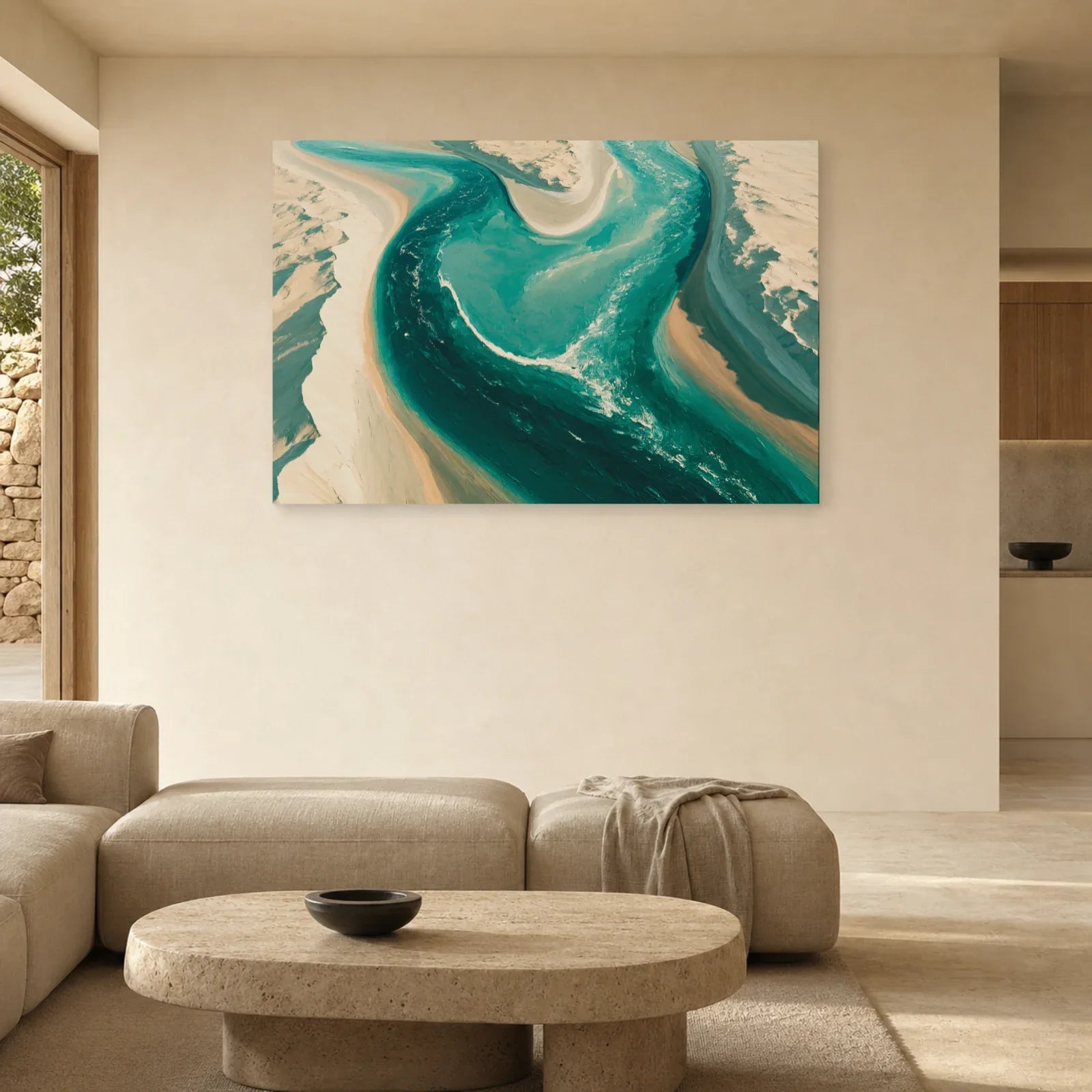 Tableau Beige Bleu Canard Paysage Abstrait – Fleuve Aérien présenté dans un salon