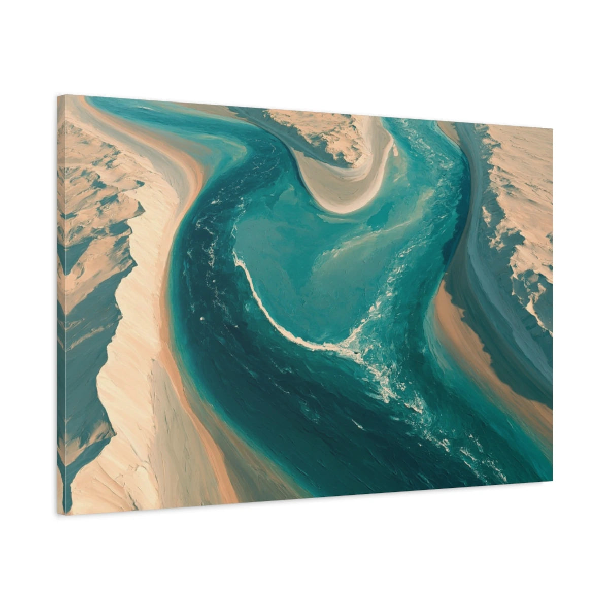 Tableau Beige Bleu Canard Paysage Abstrait – Fleuve Aérien, vue latérale de la toile sur châssis