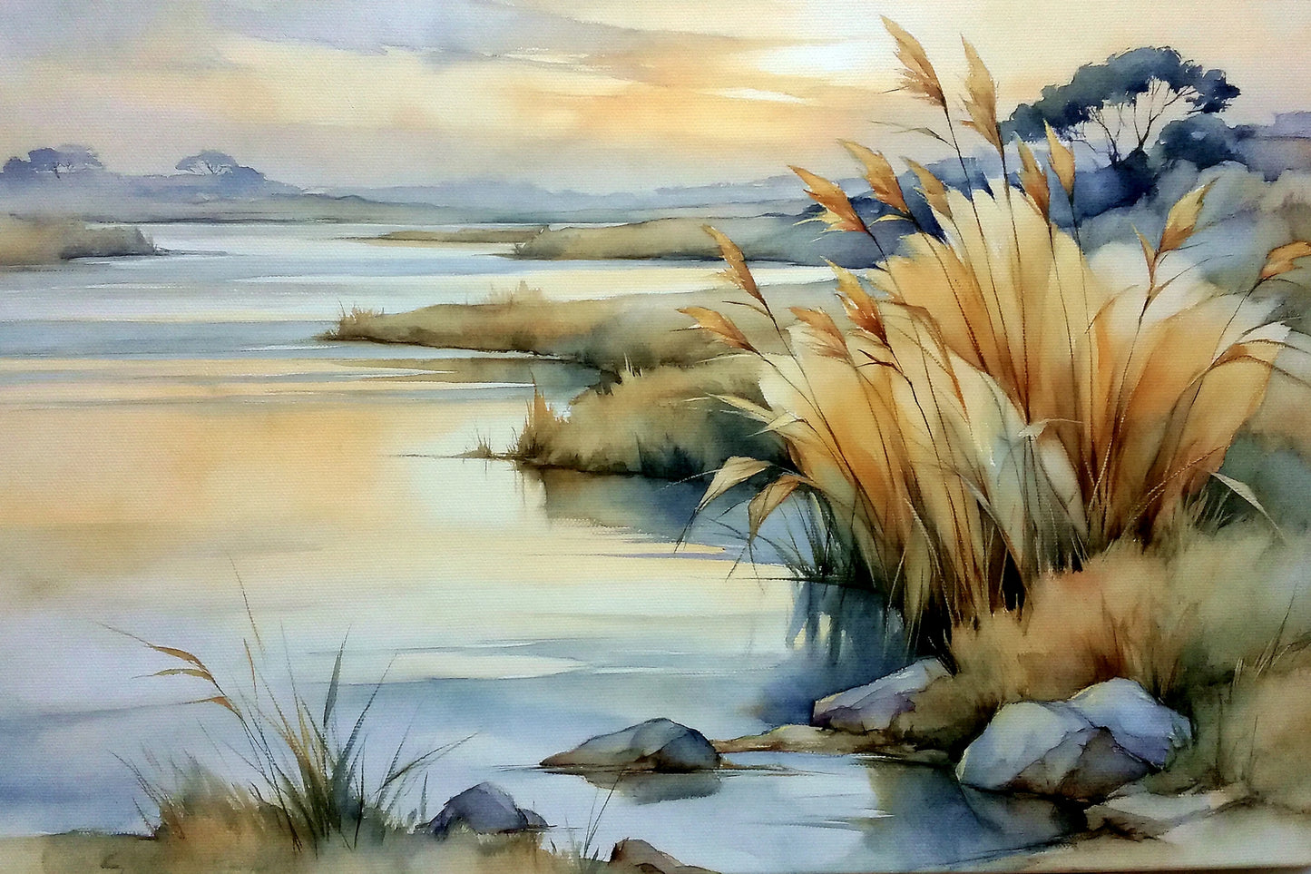 Tableau de Paysage de Marais Beige Doré - Soleil Voilé, toile horizontal en taille L