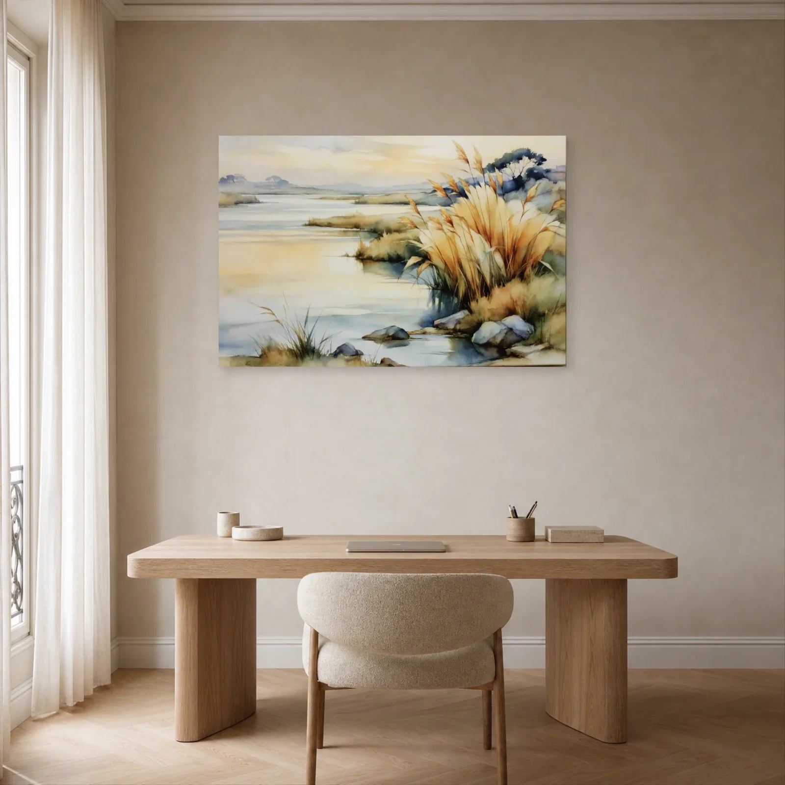 Tableau de Paysage de Marais Beige Doré - Soleil Voilé présenté dans un bureau aux accents sauge