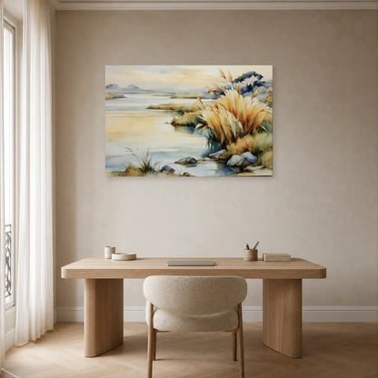 Tableau de Paysage de Marais Beige Doré - Soleil Voilé présenté dans un bureau aux accents sauge