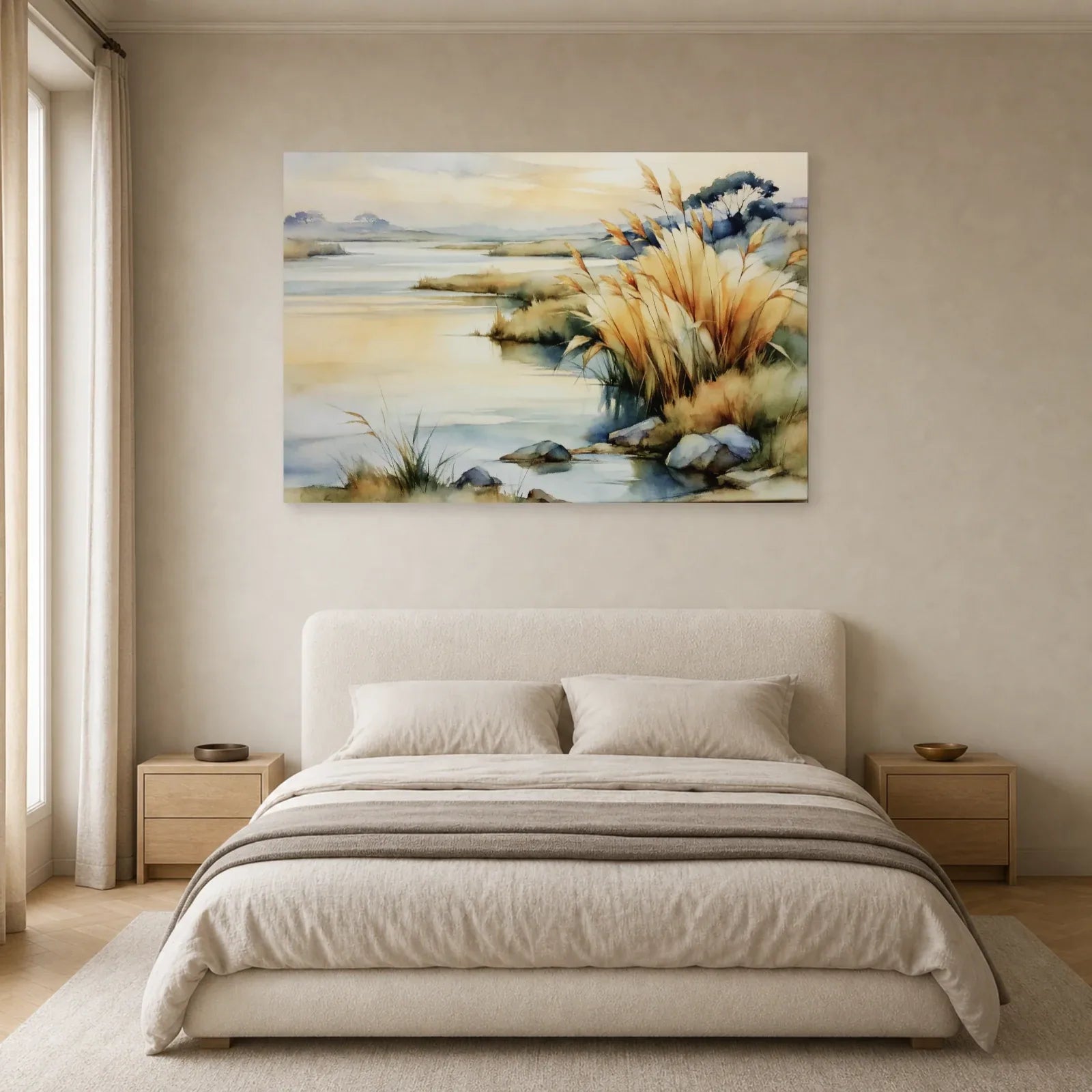 Tableau de Paysage de Marais Beige Doré - Soleil Voilé présenté dans une chambre en chêne clair