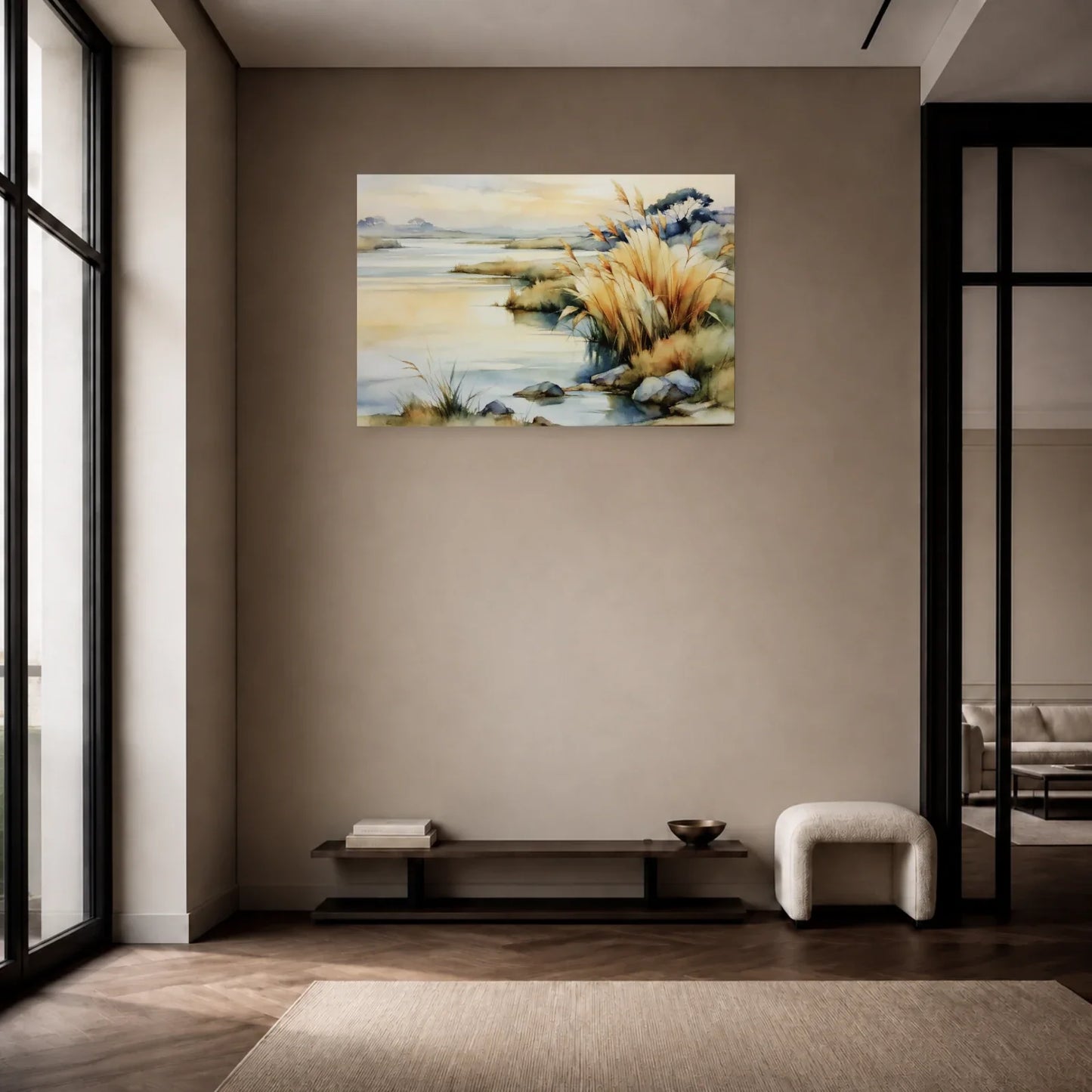 Tableau de Paysage de Marais Beige Doré - Soleil Voilé présenté dans une entrée aux tons naturels