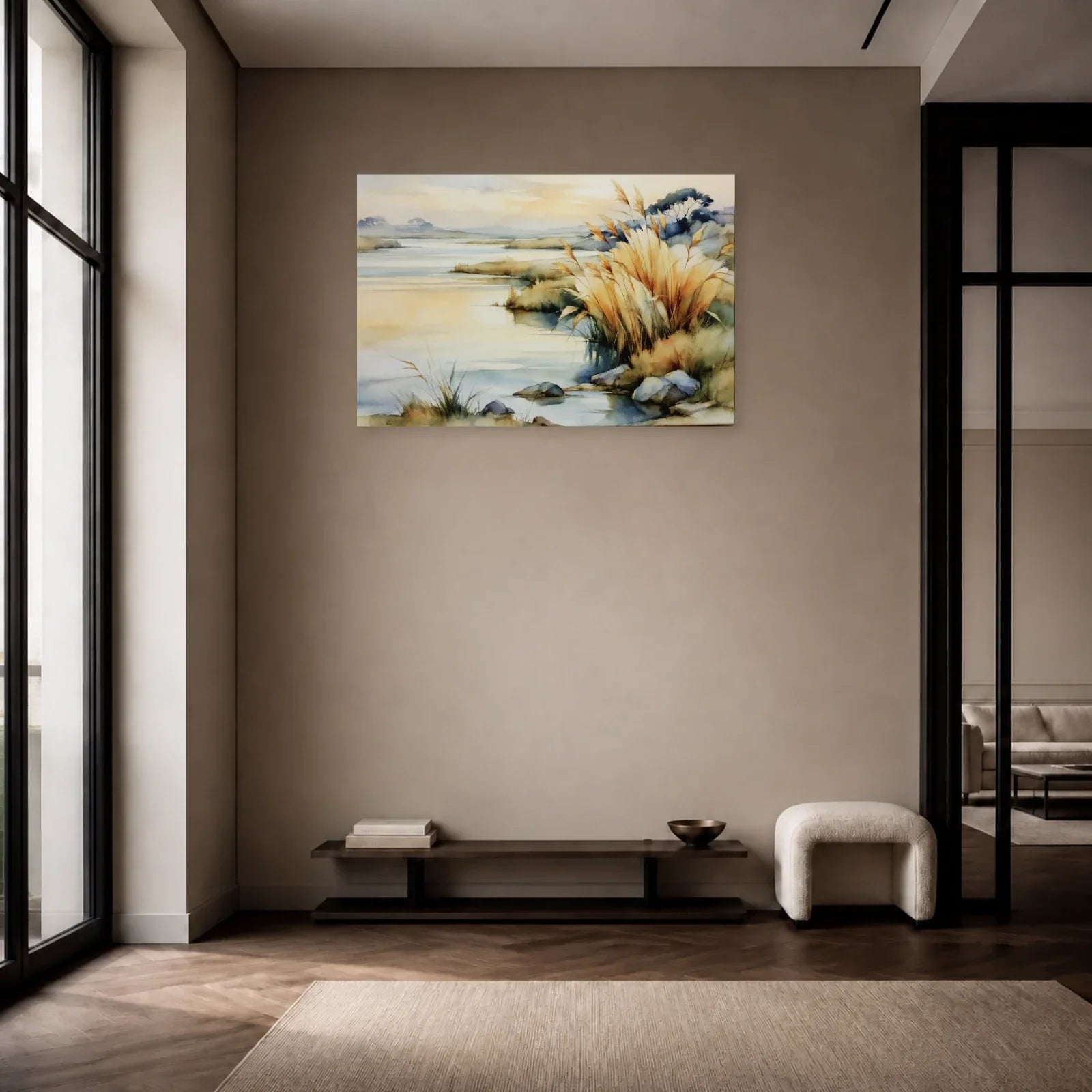 Tableau de Paysage de Marais Beige Doré - Soleil Voilé présenté dans une entrée aux tons naturels