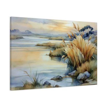 Tableau de Paysage de Marais Beige Doré - Soleil Voilé, vue latérale de la toile sur châssis