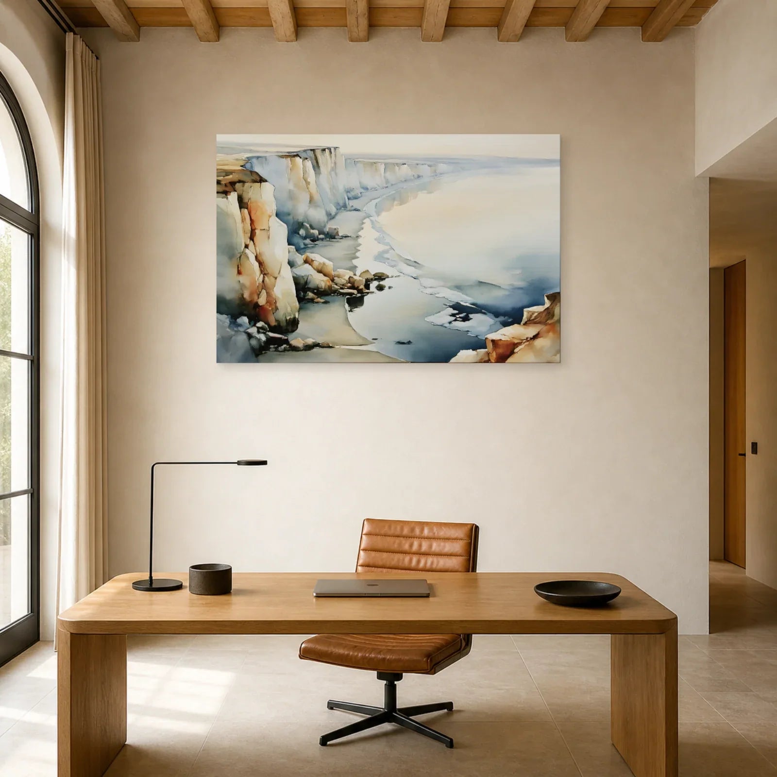 Tableau Falaises Beige Gris – Côte Crayeuse et Mer installé dans un bureau