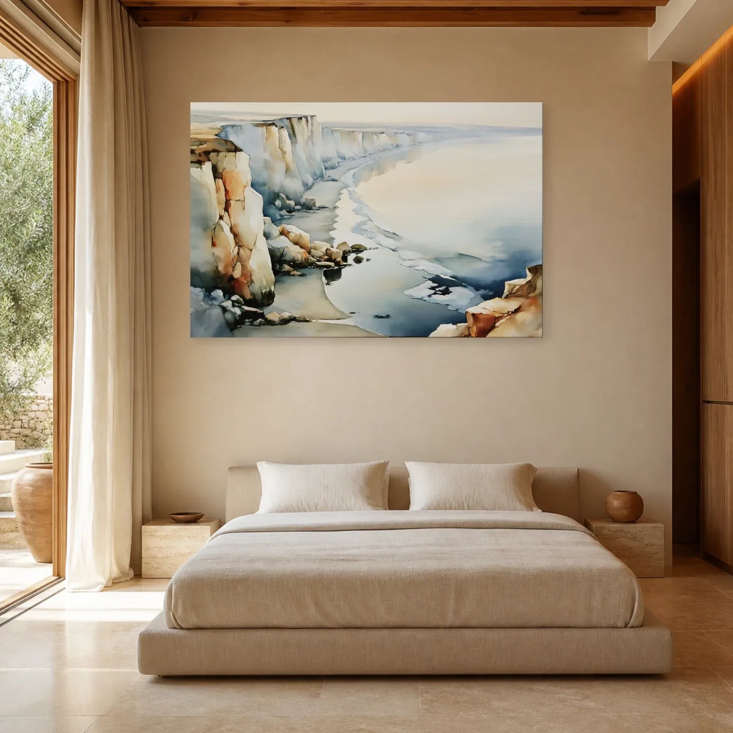 Tableau Falaises Beige Gris – Côte Crayeuse et Mer mis en scène dans une chambre