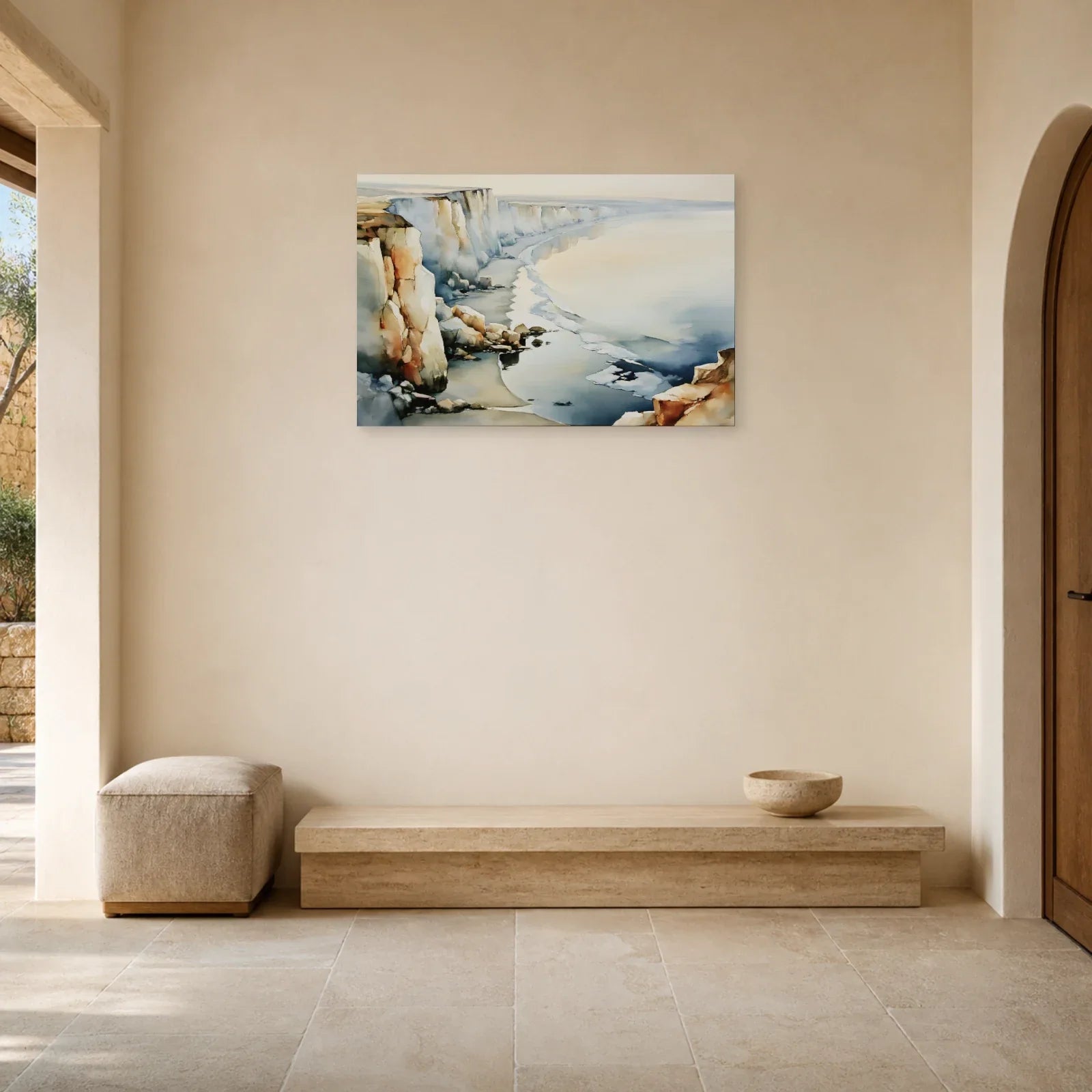 Tableau Falaises Beige Gris – Côte Crayeuse et Mer accroché dans une entrée