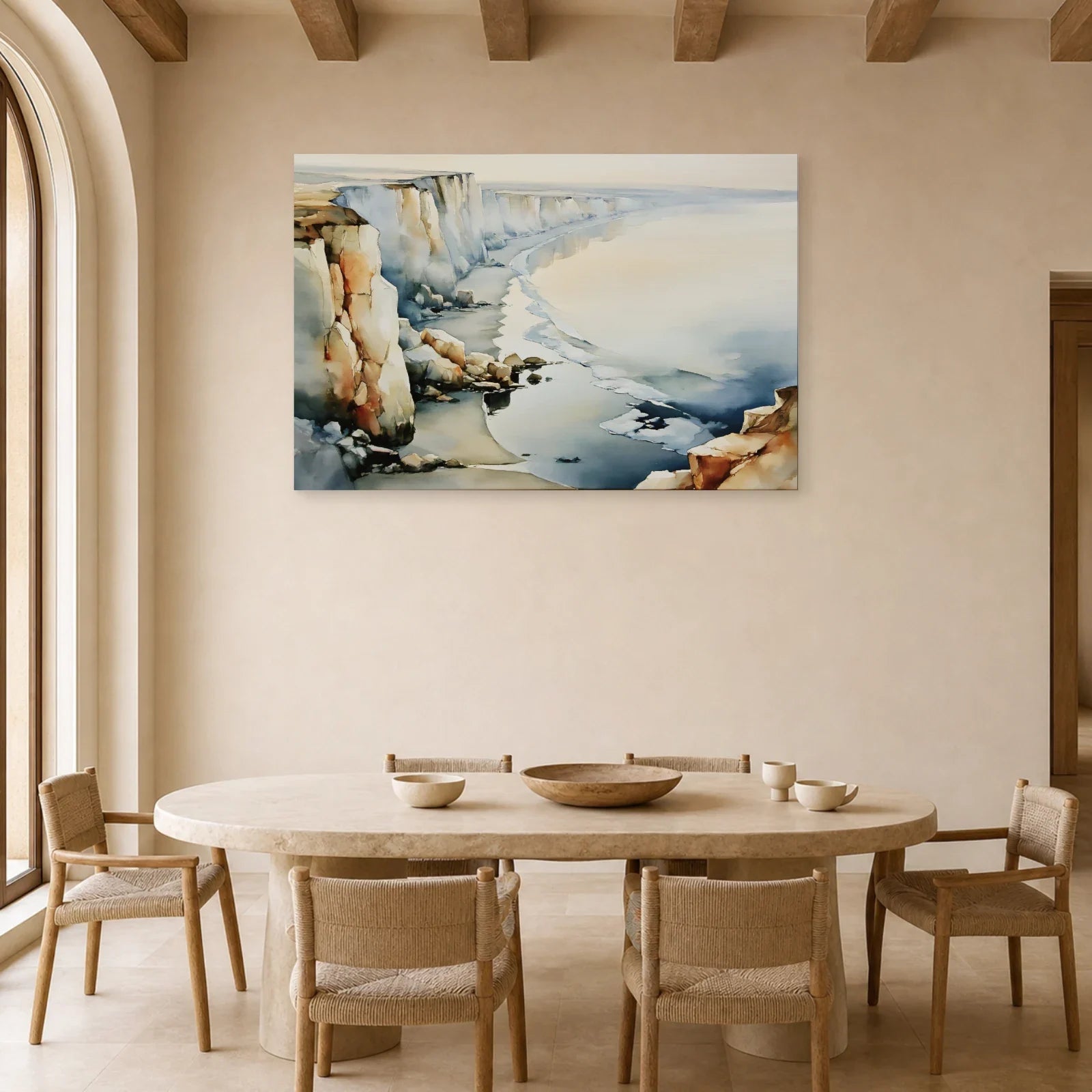 Tableau Falaises Beige Gris – Côte Crayeuse et Mer exposé dans une salle à manger