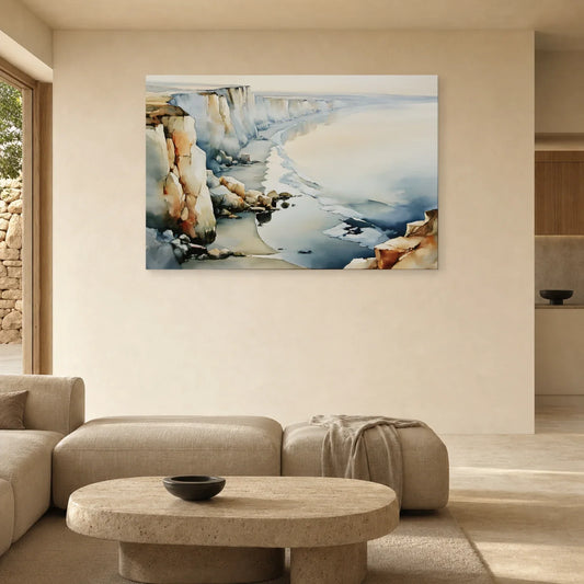 Tableau Falaises Beige Gris – Côte Crayeuse et Mer présenté dans un salon
