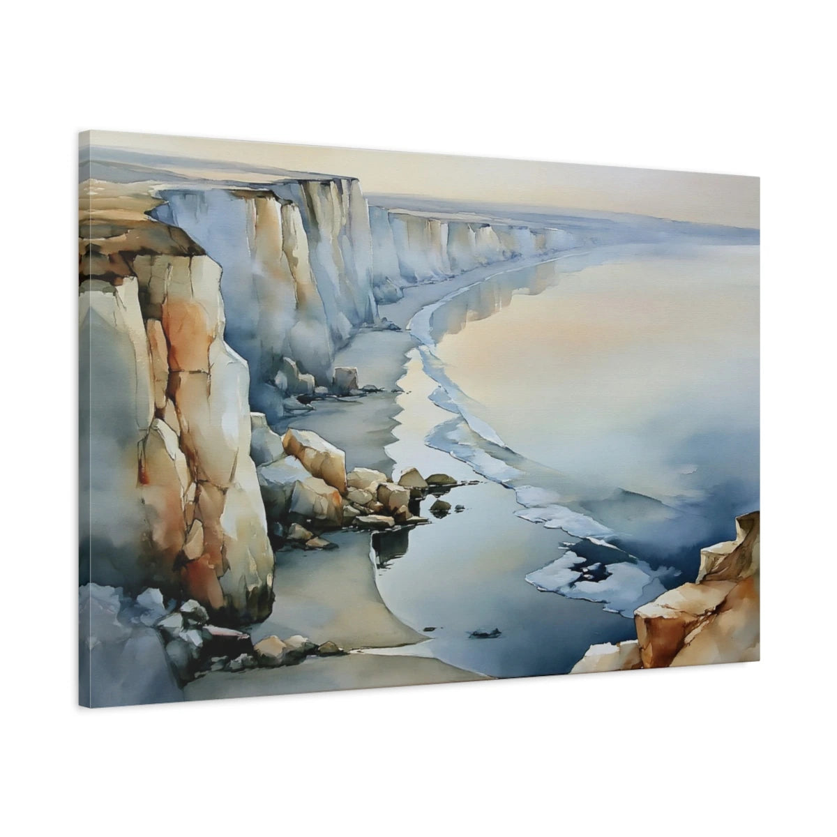 Tableau Falaises Beige Gris – Côte Crayeuse et Mer, vue latérale de la toile sur châssis