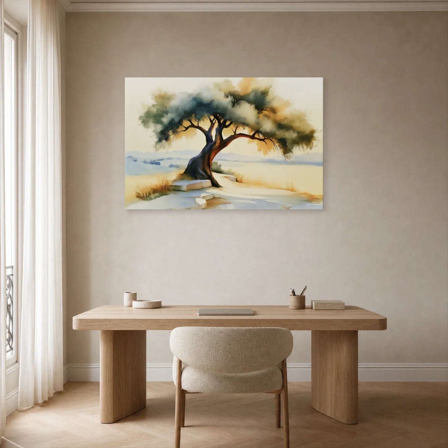 tableau paysage olivier méditerranéen beige marron installé dans un bureau
