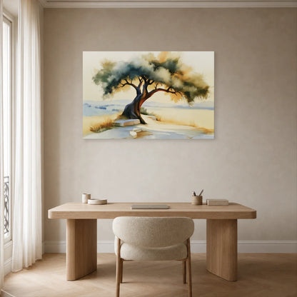 tableau paysage olivier méditerranéen beige marron installé dans un bureau