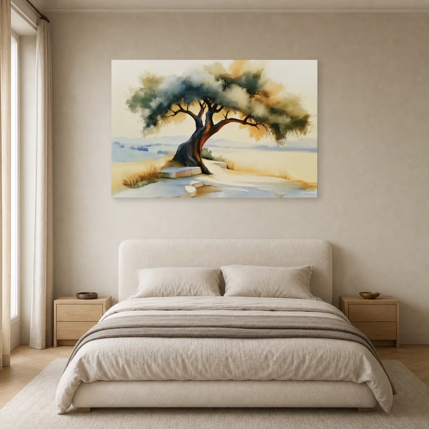 tableau paysage olivier méditerranéen beige marron mis en scène dans une chambre