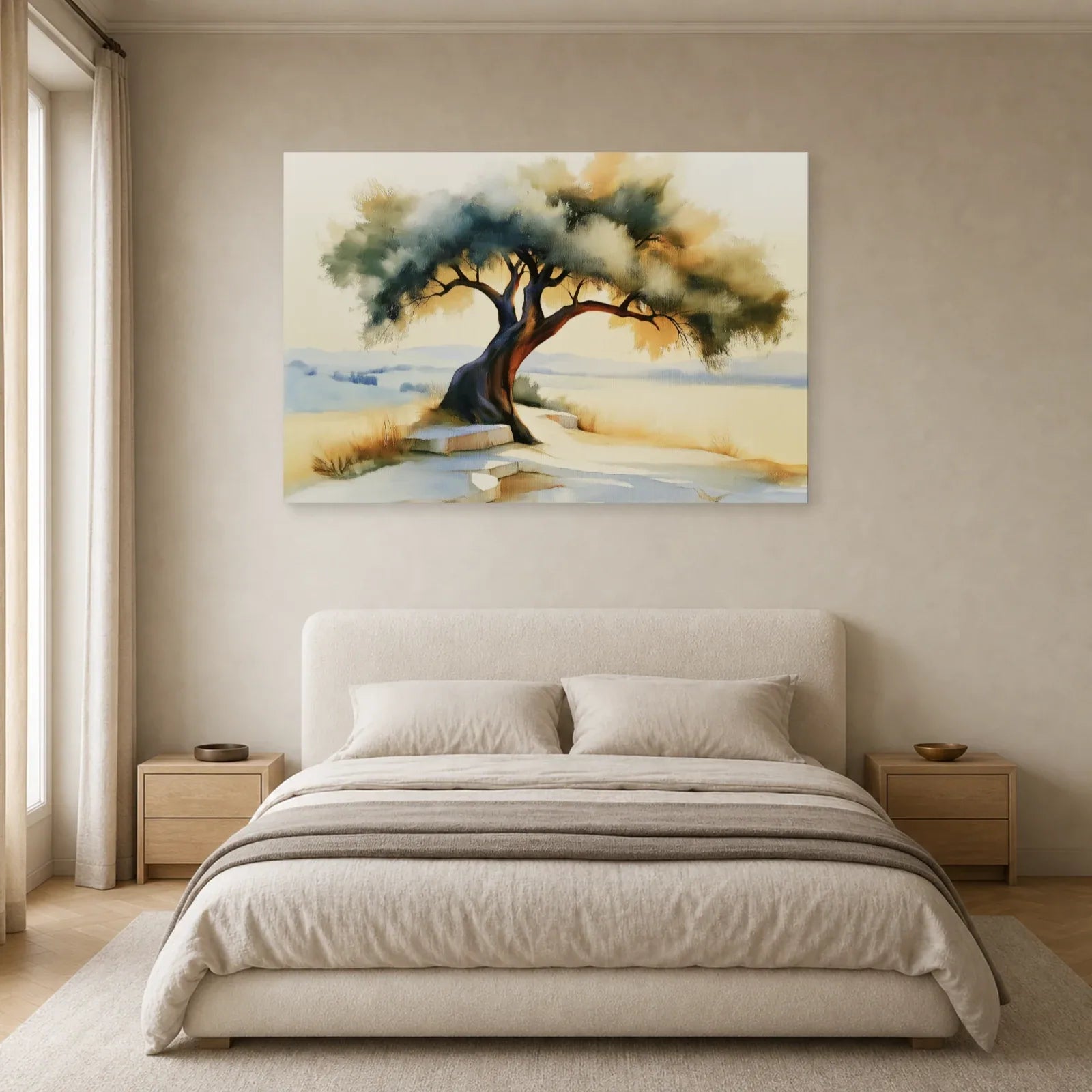 tableau paysage olivier méditerranéen beige marron mis en scène dans une chambre