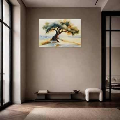 tableau paysage olivier méditerranéen beige marron accroché dans une entrée