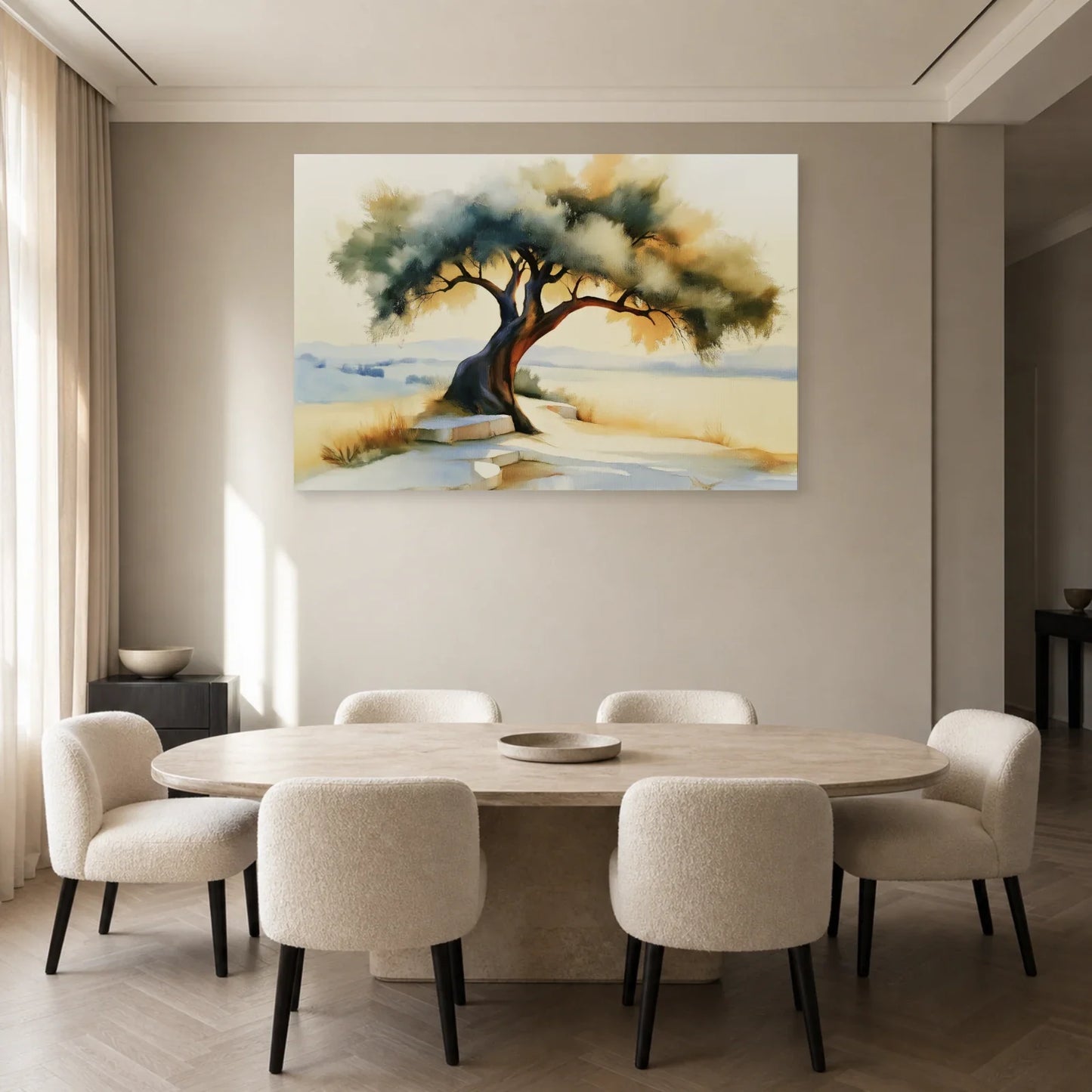 tableau paysage olivier méditerranéen beige marron exposé dans une salle à manger