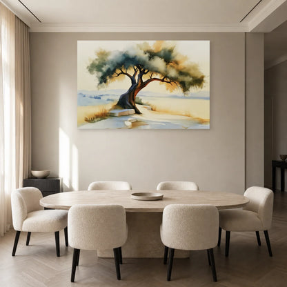 tableau paysage olivier méditerranéen beige marron exposé dans une salle à manger