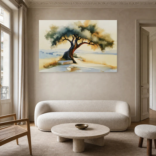 tableau paysage olivier méditerranéen beige marron présenté dans un salon