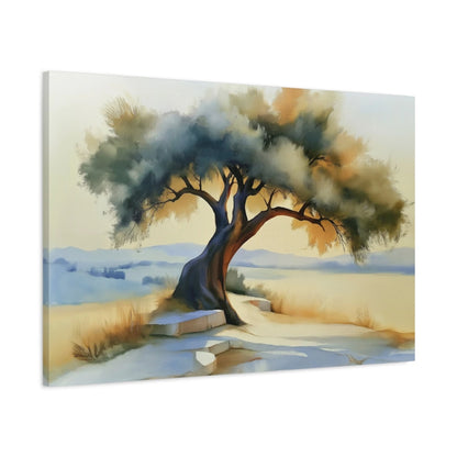 Vue latérale du tableau paysage olivier méditerranéen beige marron sur toile tendue