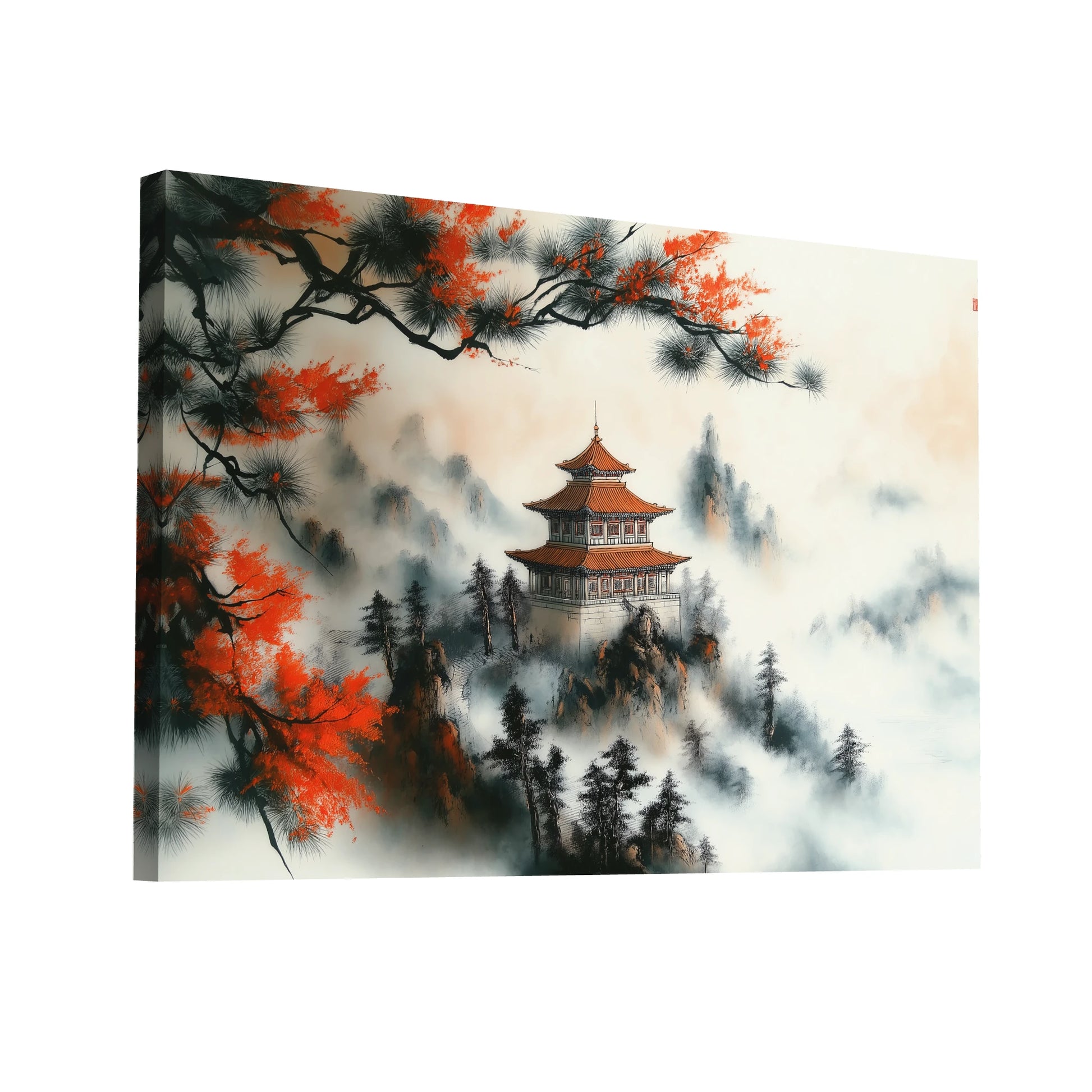 Product Hero 3D WebP Tableau Paysage Chinois - Pagode et Érables Rouges - Art Virtuoso