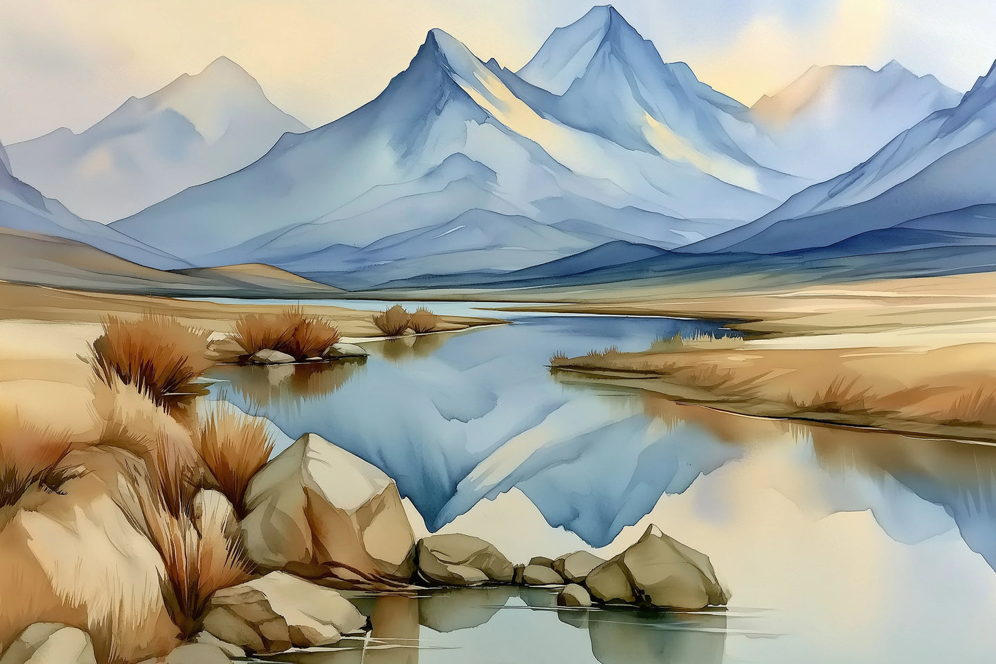 Tableau paysage montagne chambre avec lac et tons bleus beiges - format S