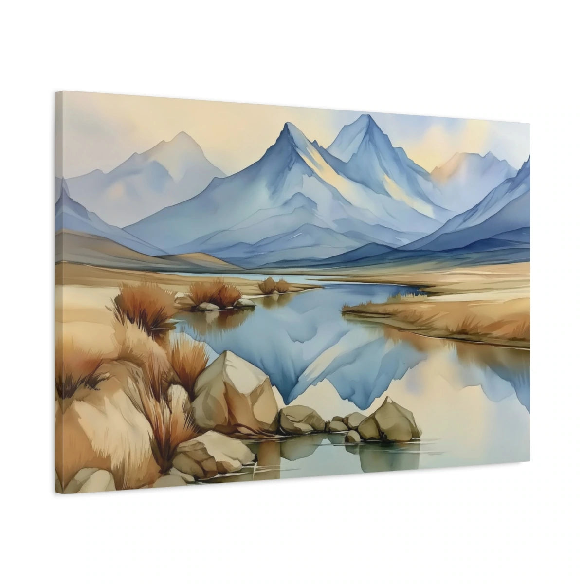 Tableau paysage montagne chambre avec lac et tons bleus beiges - toile 3D avec bords imprimés visibles