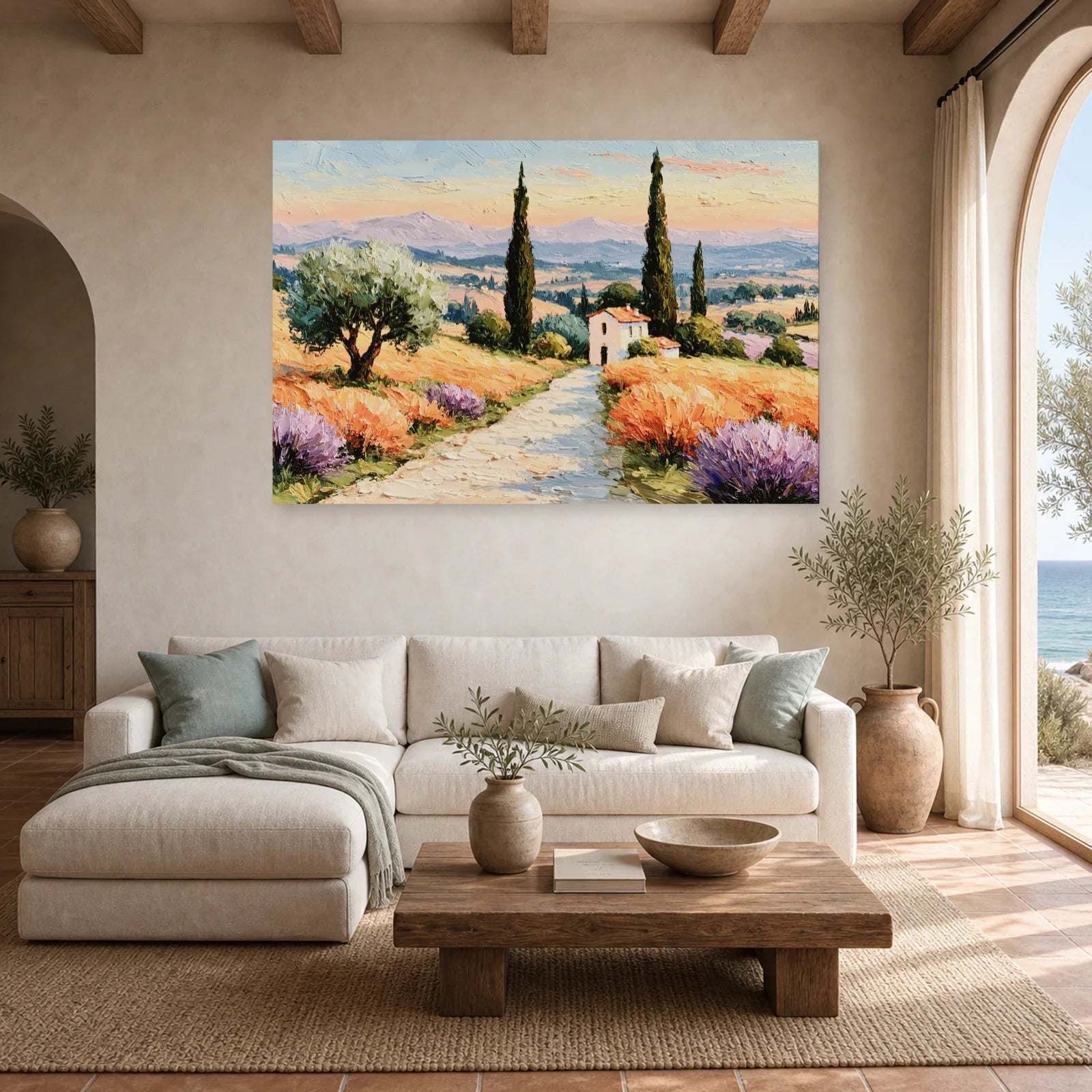 Tableau Paysage Provence Peinture Huile - Route des Cyprès dans un salon - Art Virtuoso