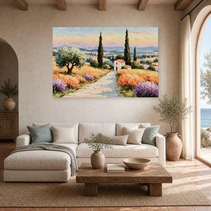 Tableau Paysage Provence Peinture Huile - Route des Cyprès dans un salon - Art Virtuoso