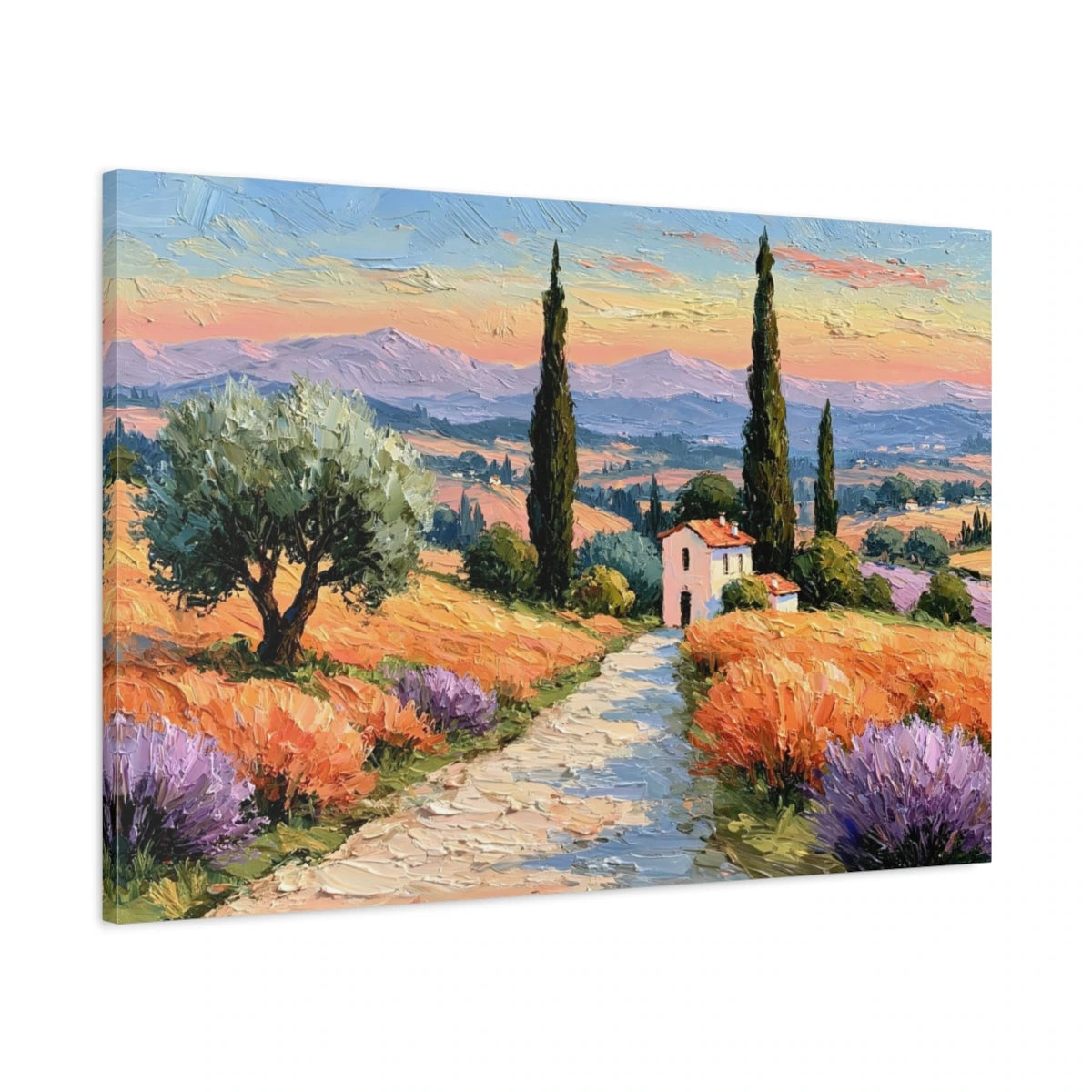 Tableau paysage Provence peinture huile chemin maison cyprès - toile 3D avec bords imprimés visibles