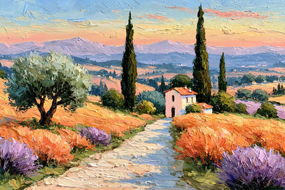 Tableau paysage Provence peinture huile chemin maison cyprès - grand format XXL