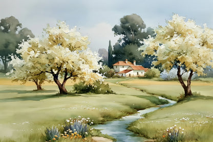 Tableau paysage rural printemps avec arbres en fleurs - format L
